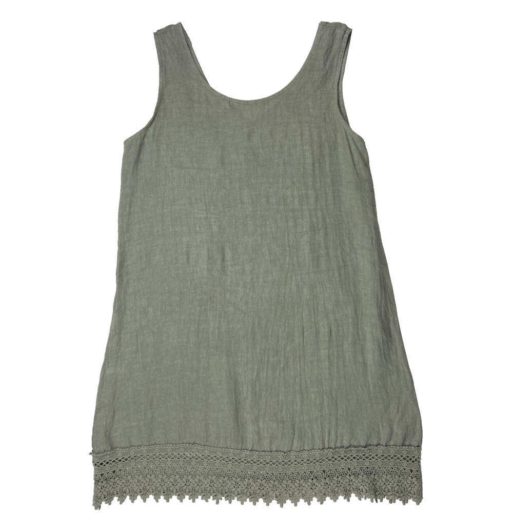 Rosemarine Womens 100% Linen Dress Small Sage Green Crochet Lace Hem Shift